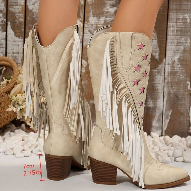 Marlene - Women's Fringe Western Boots with Star Embroidery