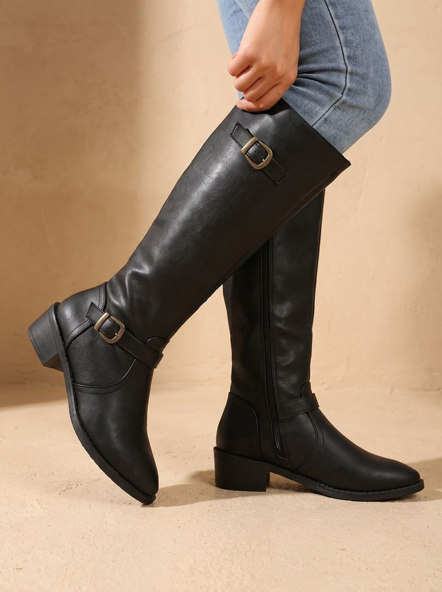 Marlowe - Women's Buckle Knee-High Boots with Block Heel
