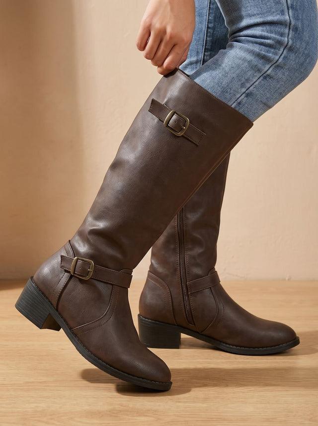 Marlowe - Women's Buckle Knee-High Boots with Block Heel