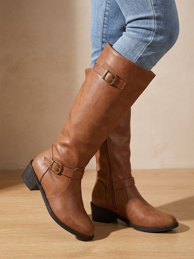 Marlowe - Women's Buckle Knee-High Boots with Block Heel