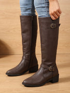 Marlowe - Women's Buckle Knee-High Boots with Block Heel