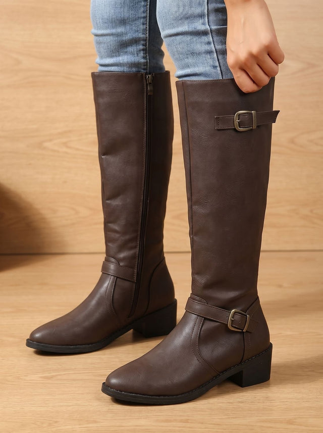 Marlowe - Women's Buckle Knee-High Boots with Block Heel