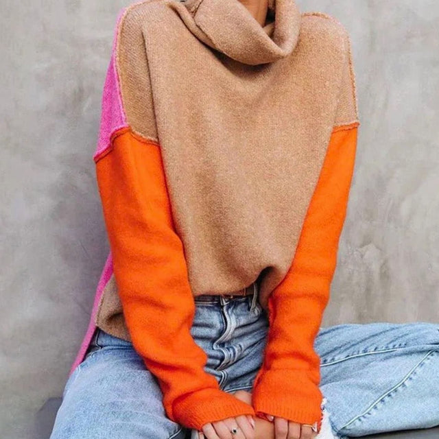Meryl - Women's Oversized Color-Block Turtleneck Knit Sweater