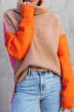 Meryl - Women's Oversized Color-Block Turtleneck Knit Sweater
