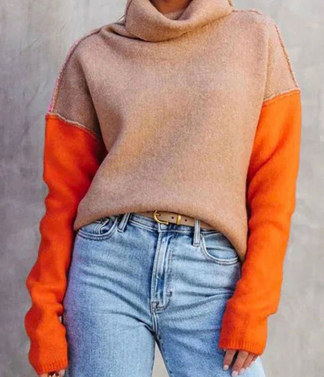 Meryl - Women's Oversized Color-Block Turtleneck Knit Sweater