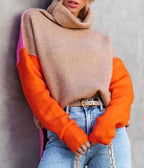 Meryl - Women's Oversized Color-Block Turtleneck Knit Sweater