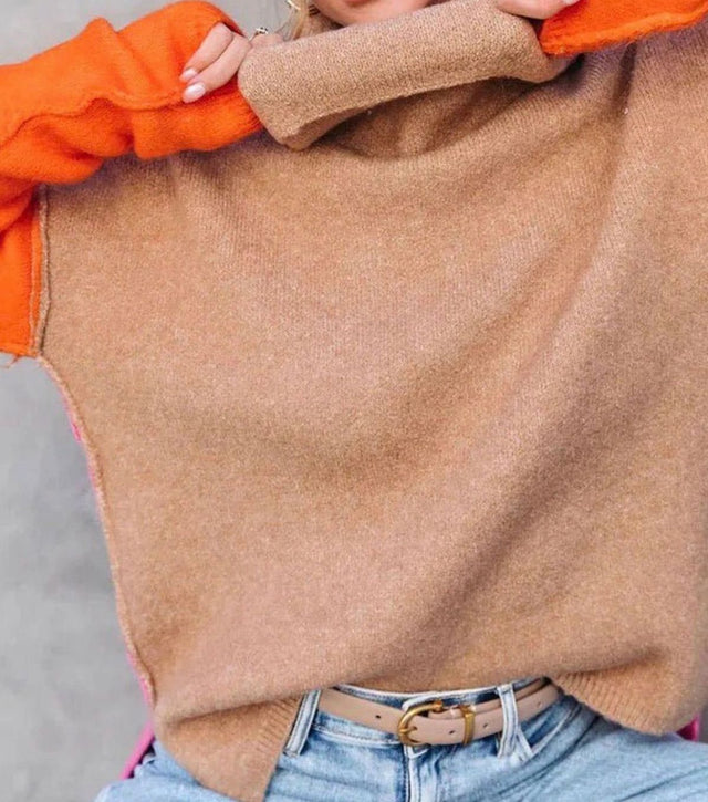 Meryl - Women's Oversized Color-Block Turtleneck Knit Sweater