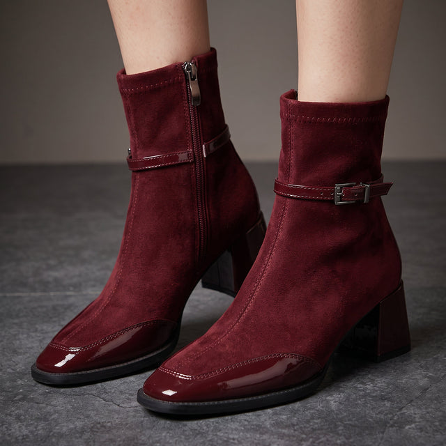 Minerva - Women's Suede Ankle Boots with Patent Toe Cap