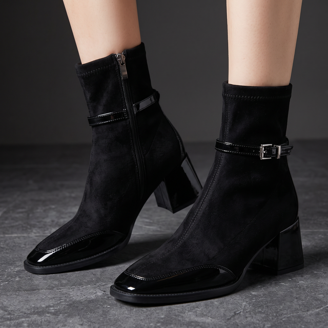 Minerva - Women's Suede Ankle Boots with Patent Toe Cap