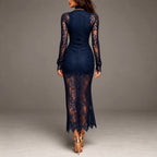 Natalia- Women's Lace Mock Neck Dress with Side Slit
