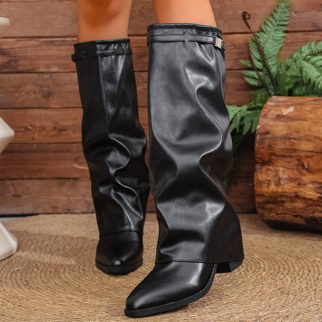 Odette - Women's Pointed-Toe Knee-High Boots with Metal Detail