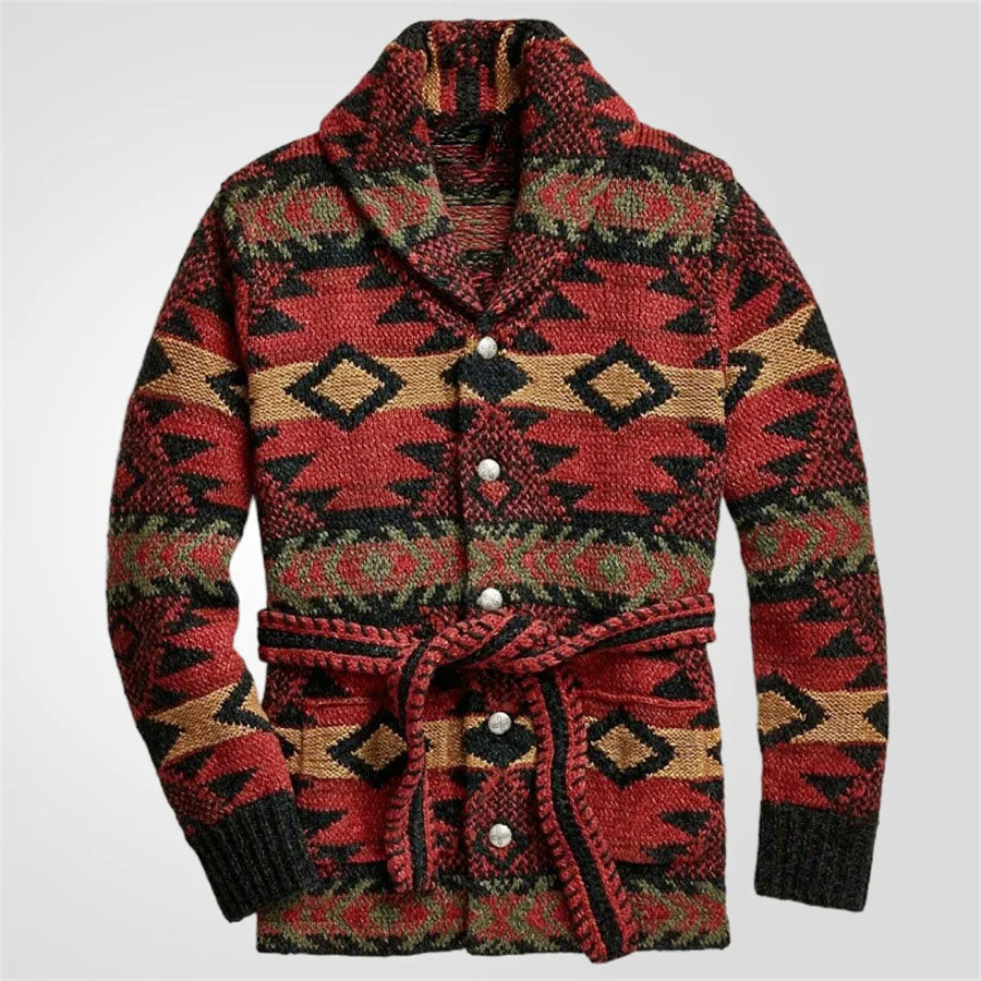 Oscar - Men's Shawl Collar Cardigan with Geometric Knit and Tie Belt