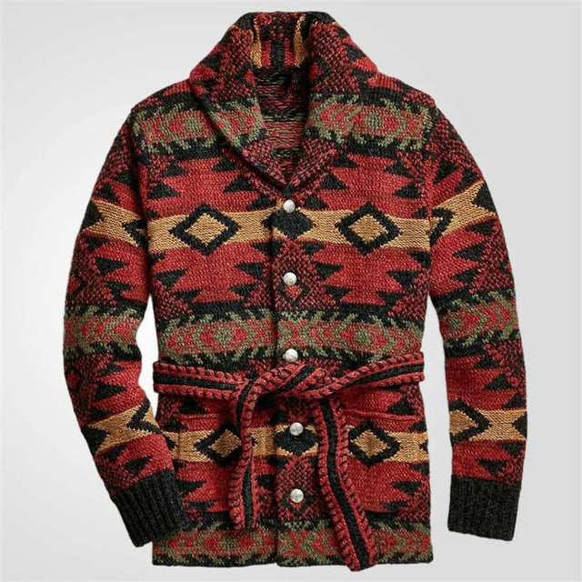 Oscar - Men's Shawl Collar Cardigan with Geometric Knit and Tie Belt