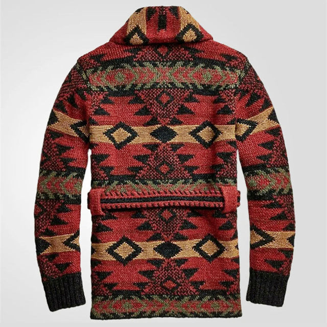 Oscar - Men's Shawl Collar Cardigan with Geometric Knit and Tie Belt