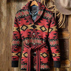 Oscar - Men's Shawl Collar Cardigan with Geometric Knit and Tie Belt