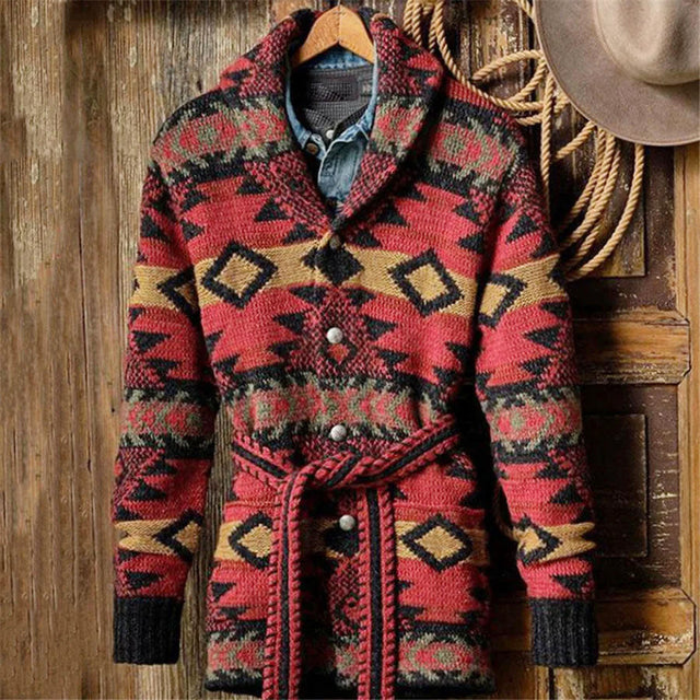 Oscar - Men's Shawl Collar Cardigan with Geometric Knit and Tie Belt