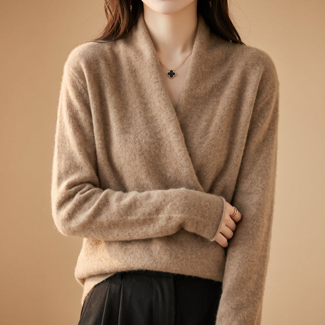 Rosemary - Women's Merino Wool Wrap Sweater with Ribbed Cuffs