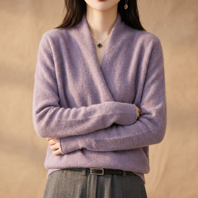 Rosemary - Women's Merino Wool Wrap Sweater with Ribbed Cuffs