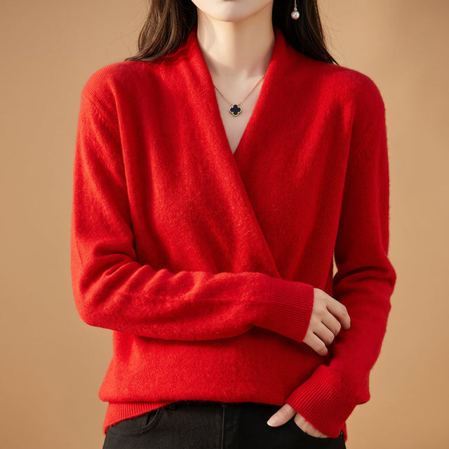 Rosemary - Women's Merino Wool Wrap Sweater with Ribbed Cuffs
