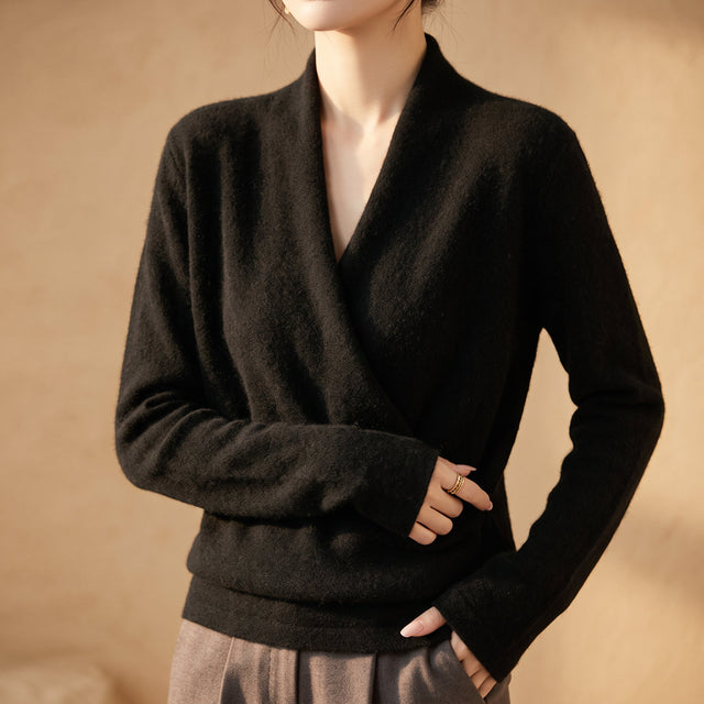 Rosemary - Women's Merino Wool Wrap Sweater with Ribbed Cuffs