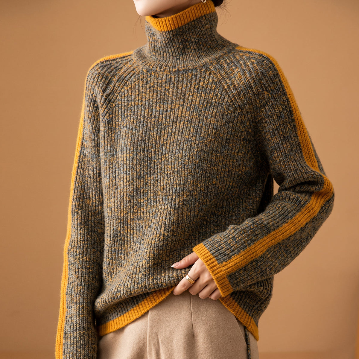 Soraya - Women's Ribbed Turtleneck Sweater with Contrast Trim