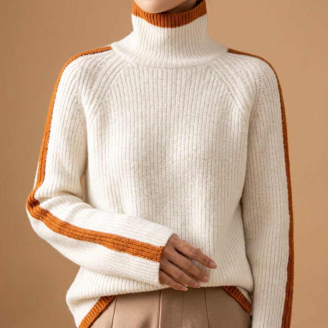 Soraya - Women's Ribbed Turtleneck Sweater with Contrast Trim