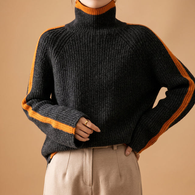 Soraya - Women's Ribbed Turtleneck Sweater with Contrast Trim