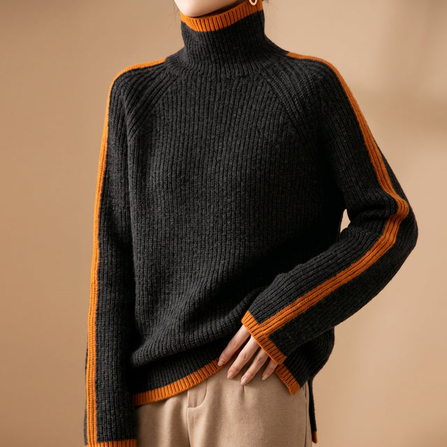 Soraya - Women's Ribbed Turtleneck Sweater with Contrast Trim
