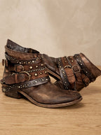 Thea - Women's Vintage Studded Buckle-Strap Ankle Boots