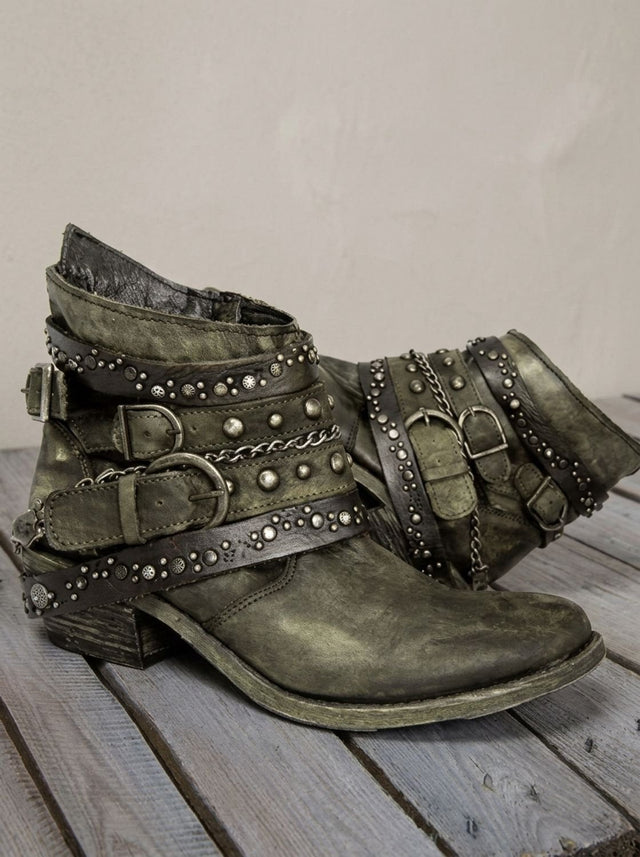 Thea - Women's Vintage Studded Buckle Strap Ankle Boots