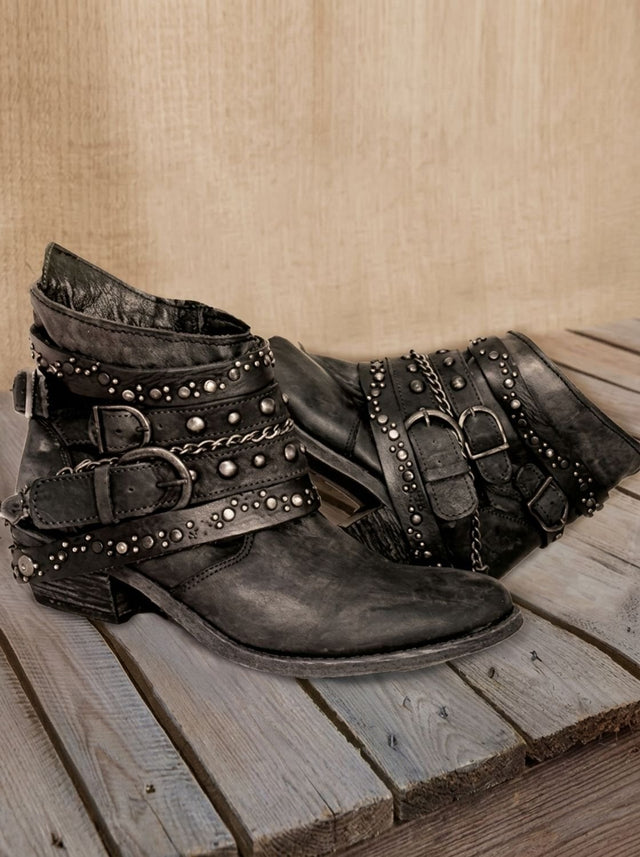Thea - Women's Vintage Studded Buckle Strap Ankle Boots