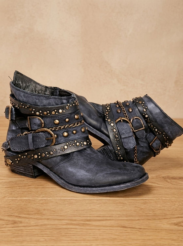 Thea - Women's Vintage Studded Buckle Strap Ankle Boots