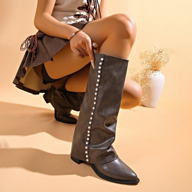Valerie - Women's Knee-High Boots with Pearl-Studded