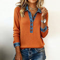 Willa - Women's Ribbed Henley with Contrast Denim Collar and Cuffs