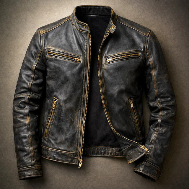 Zachary - Men's Zip-Up Moto Jacket with Vintage Patina Leather
