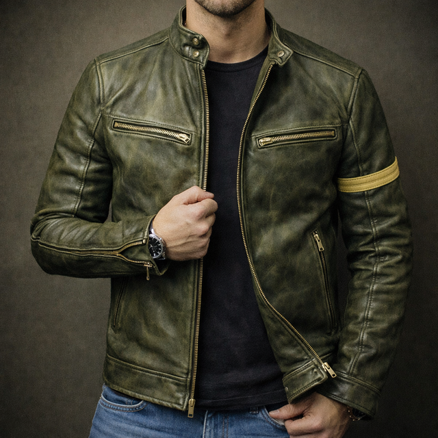 Zachary - Men's Zip-Up Moto Jacket with Vintage Patina Leather