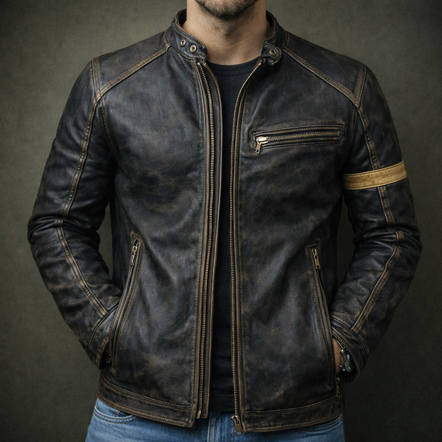 Zachary - Men's Zip-Up Moto Jacket with Vintage Patina Leather