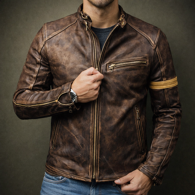 Zachary - Men's Zip-Up Moto Jacket with Vintage Patina Leather